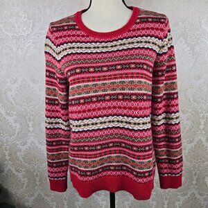 Talbots Petite Size Large Colorful Red Fair Isle Crewneck Sweater Long Sleeve